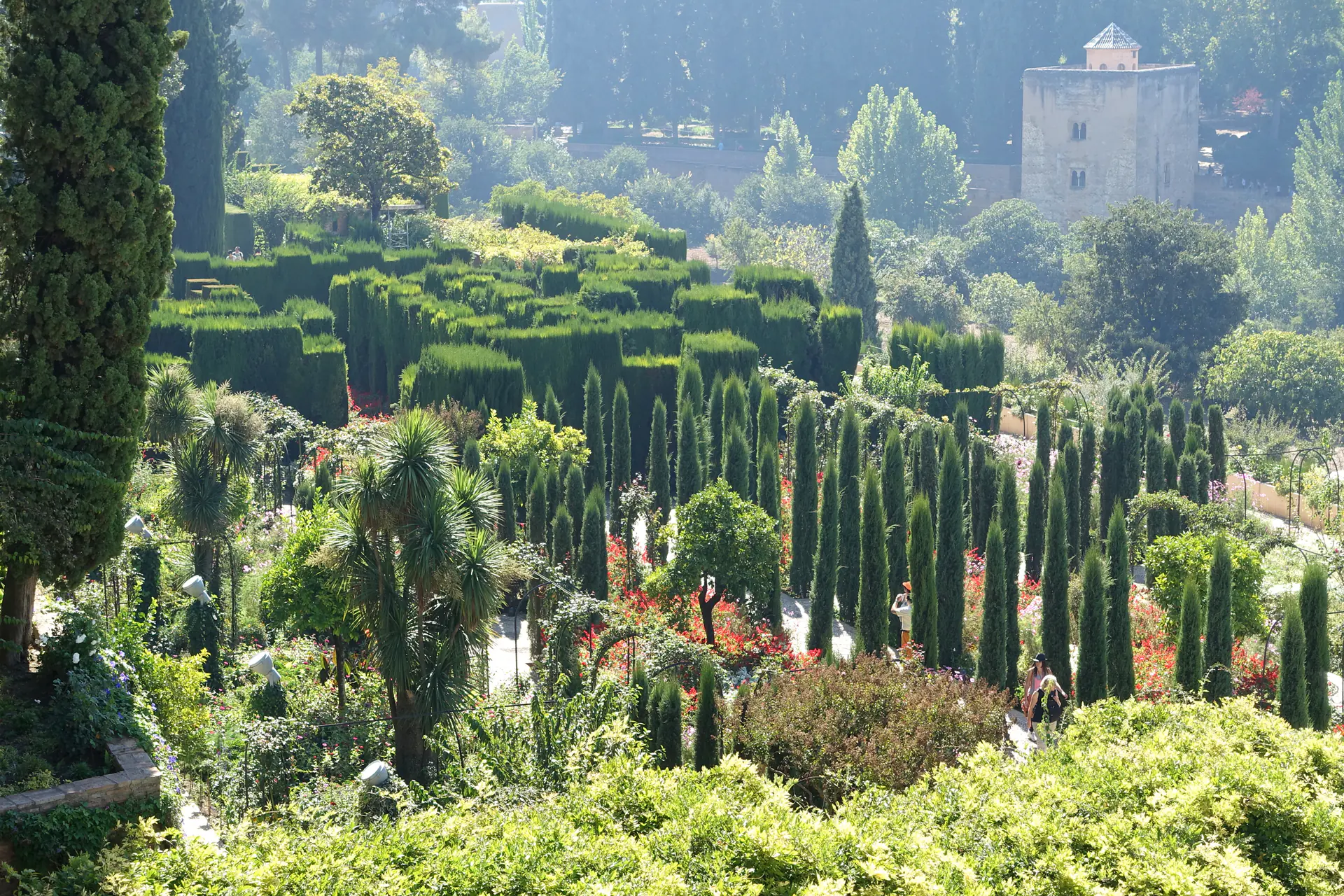 Terraced gardens of Generalife summer palace with water features and arcades at Alhambra