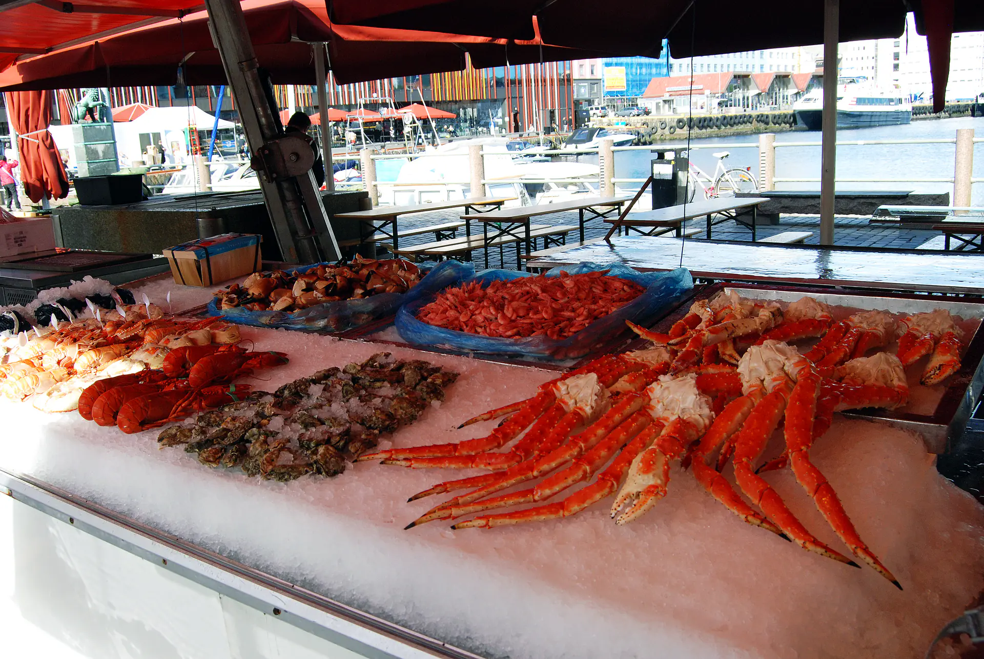 Fresh seafood stalls at Bergen Fish Market with colorful Bryggen buildings and harbor in the background