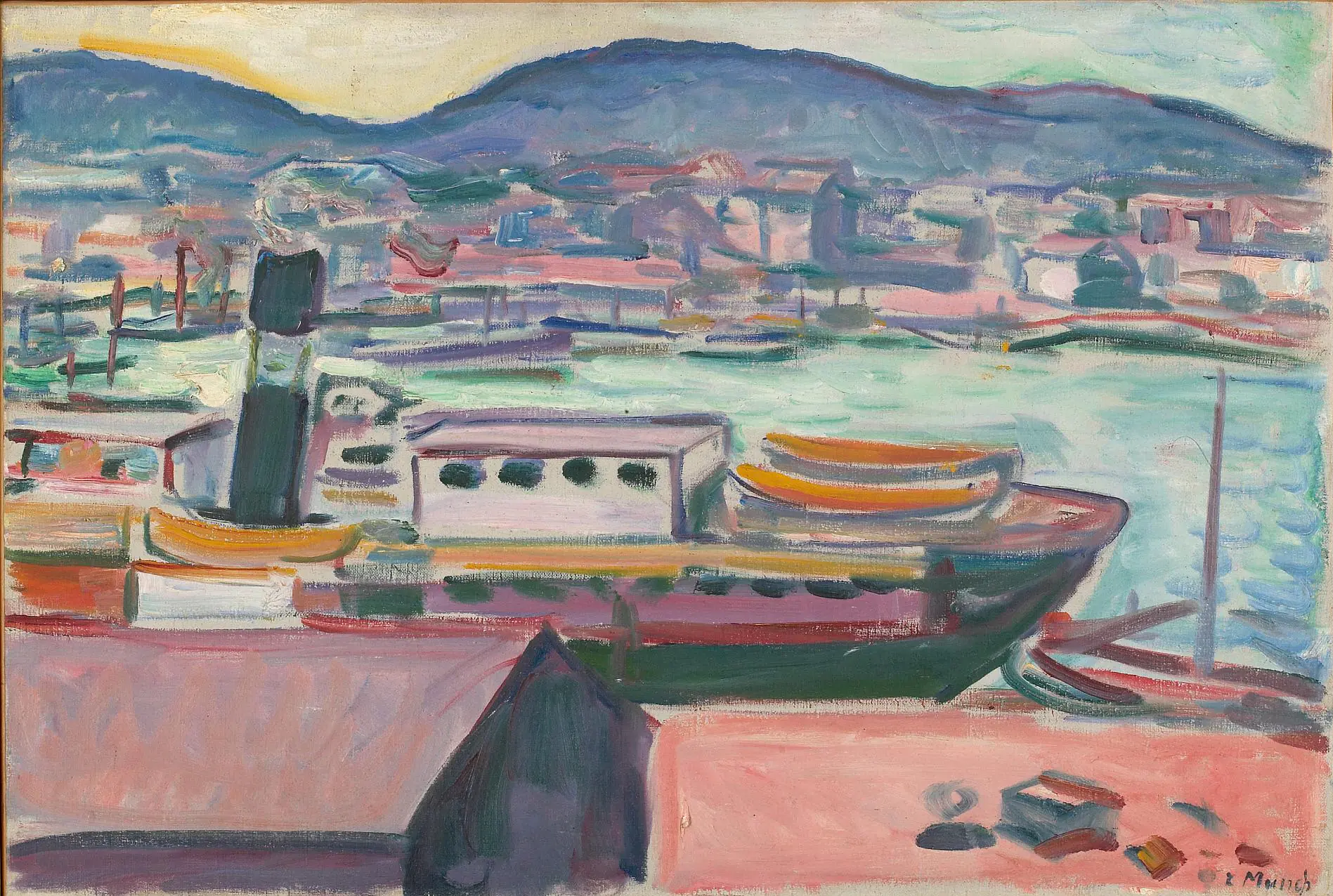 Oil painting by Edvard Munch depicting Bergen harbour with Bryggen waterfront, ships, and the historic trading wharf in expressionist style