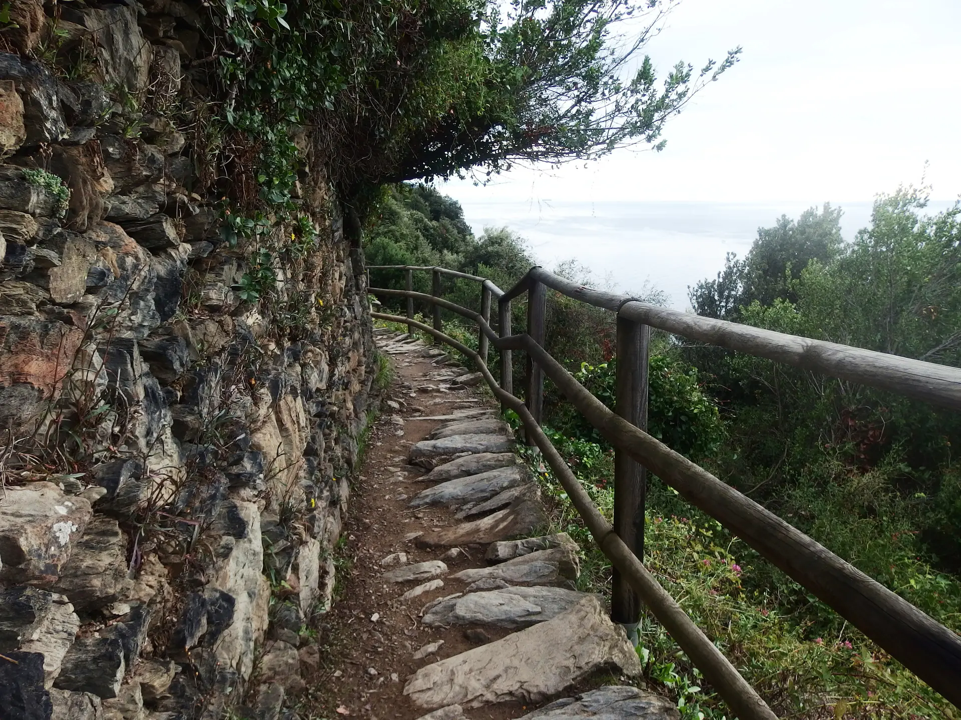 Scenic coastal hiking path of the Sentiero Azzurro trail leading to Monterosso al Mare with Mediterranean Sea views