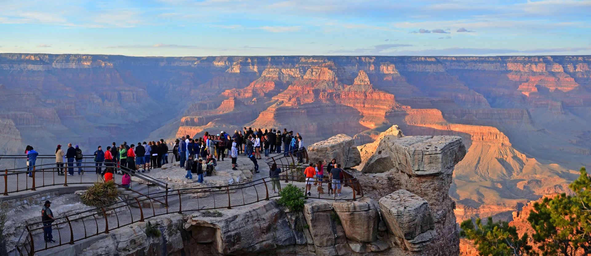 Spectacular panoramic vista from Mather Point showing layered rock formations and vast canyon depths at Grand Canyon South Rim