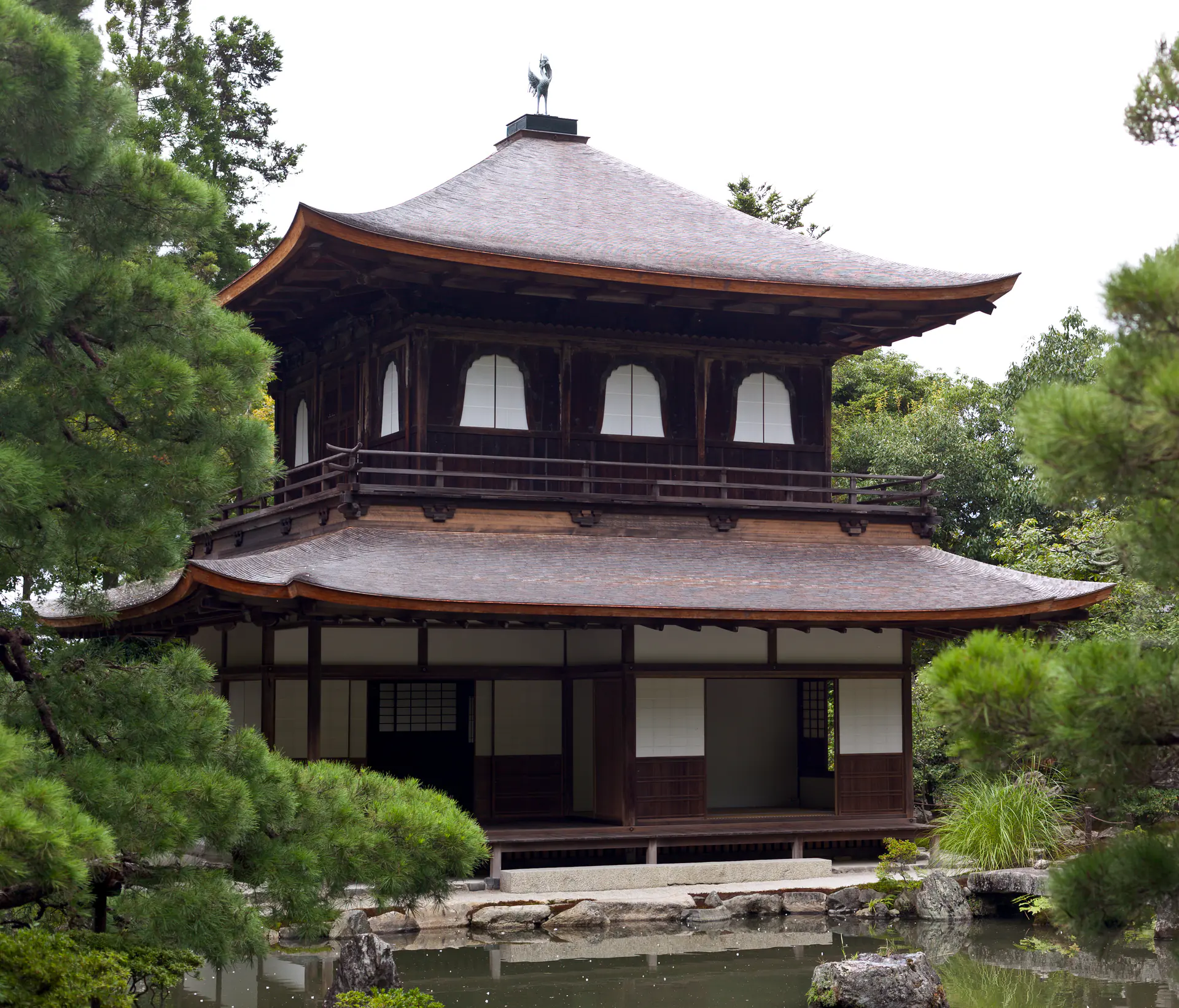 Ginkaku-ji Silver Pavilion with its distinctive two-story structure, shown after its 2008 restoration, surrounded by carefully maintained garden grounds