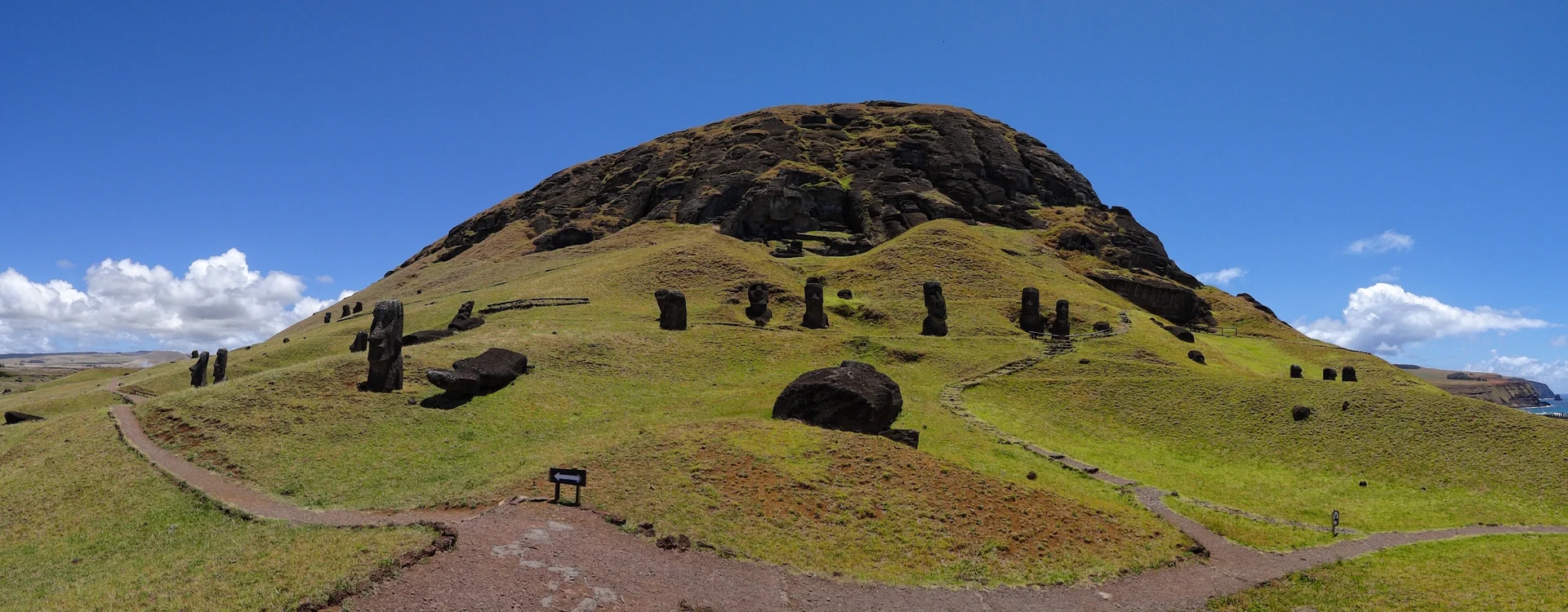 Panoramic view of numerous moai statues at Rano Raraku quarry, some partially buried in volcanic soil