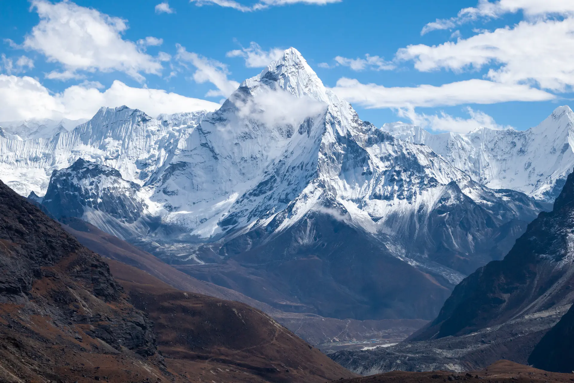 The distinctive pyramid of Ama Dablam peak rising above the Khumbu valley with its characteristic ridges resembling outstretched arms