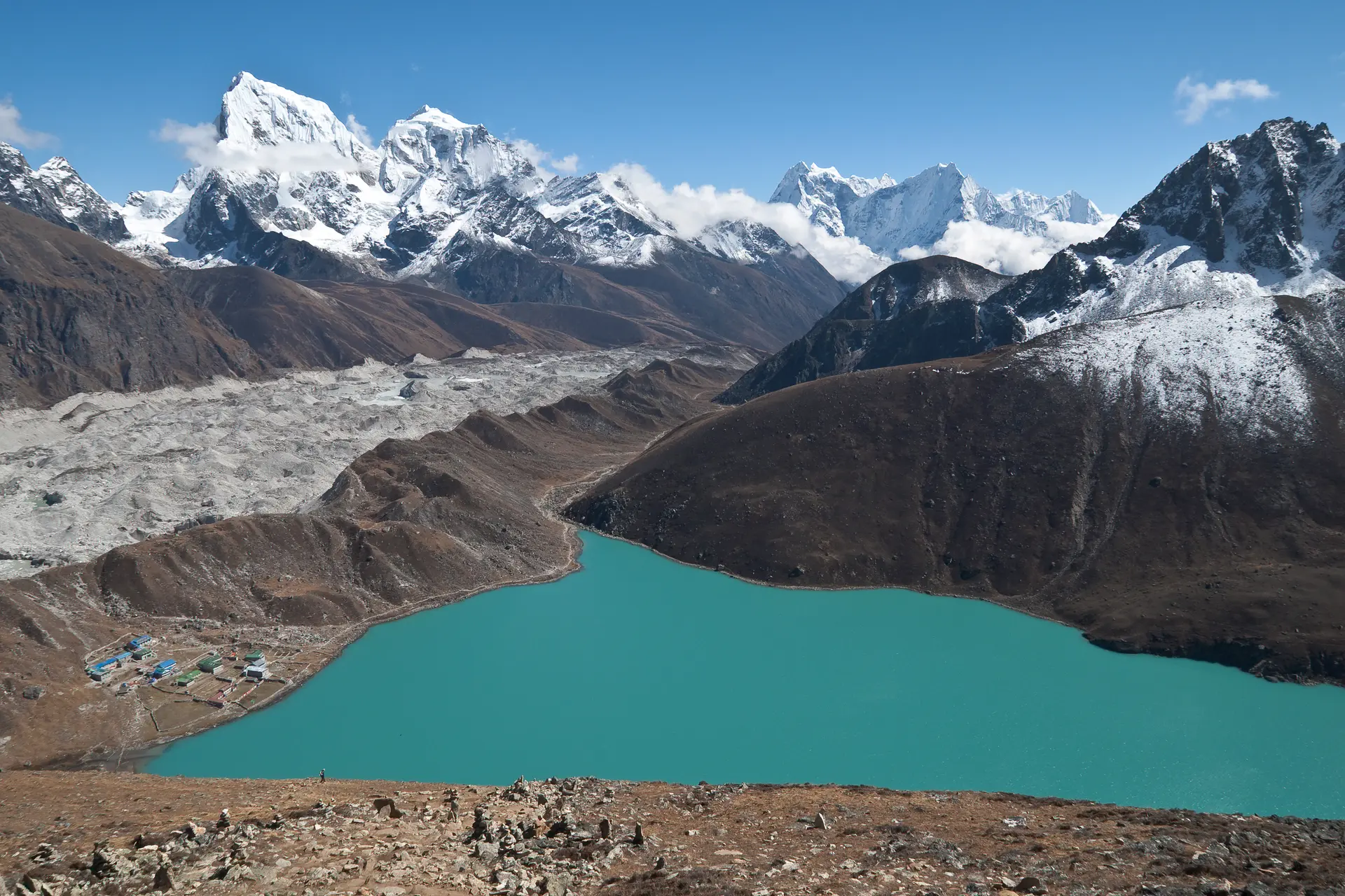 Sacred turquoise Gokyo Lake surrounded by glacial moraines with snow-capped Himalayan peaks in the background