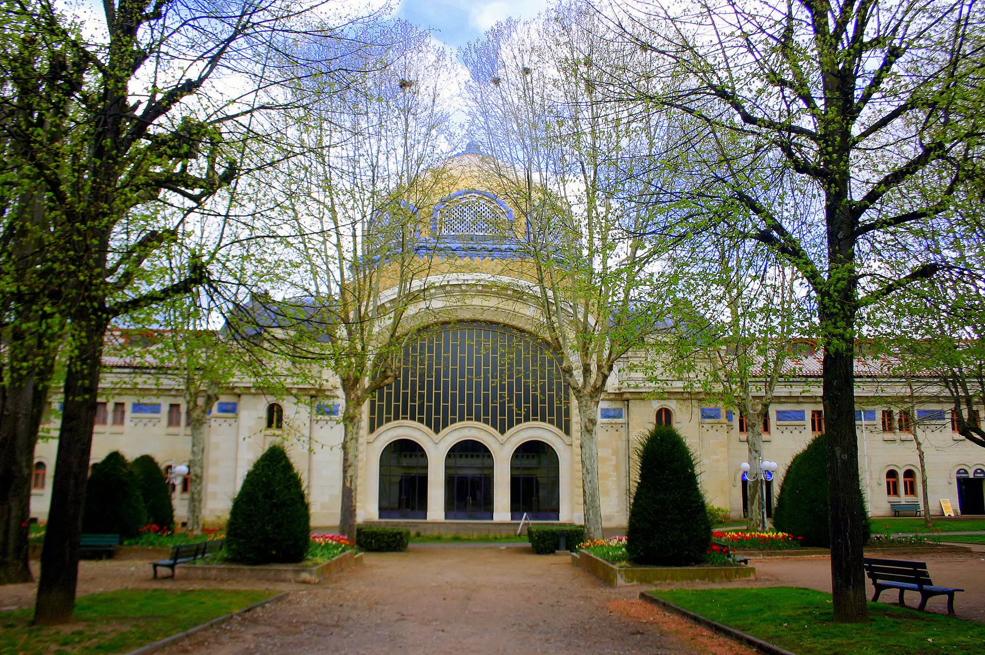 The Centre thermal des Dômes in Vichy, France, showing neo-Moorish architecture of this historic thermal spa facility